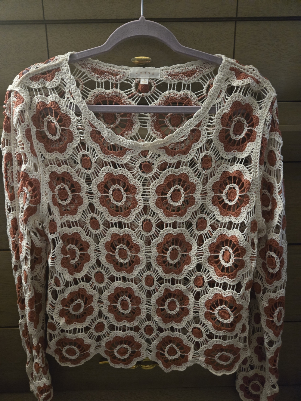 Women's Crochet Floral Long-Sleeve Top in Rust and Cream